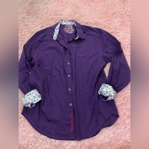 Robert Graham Purple Floral Button Down Shirt Mens XL Classic Fit Flip Cuff
